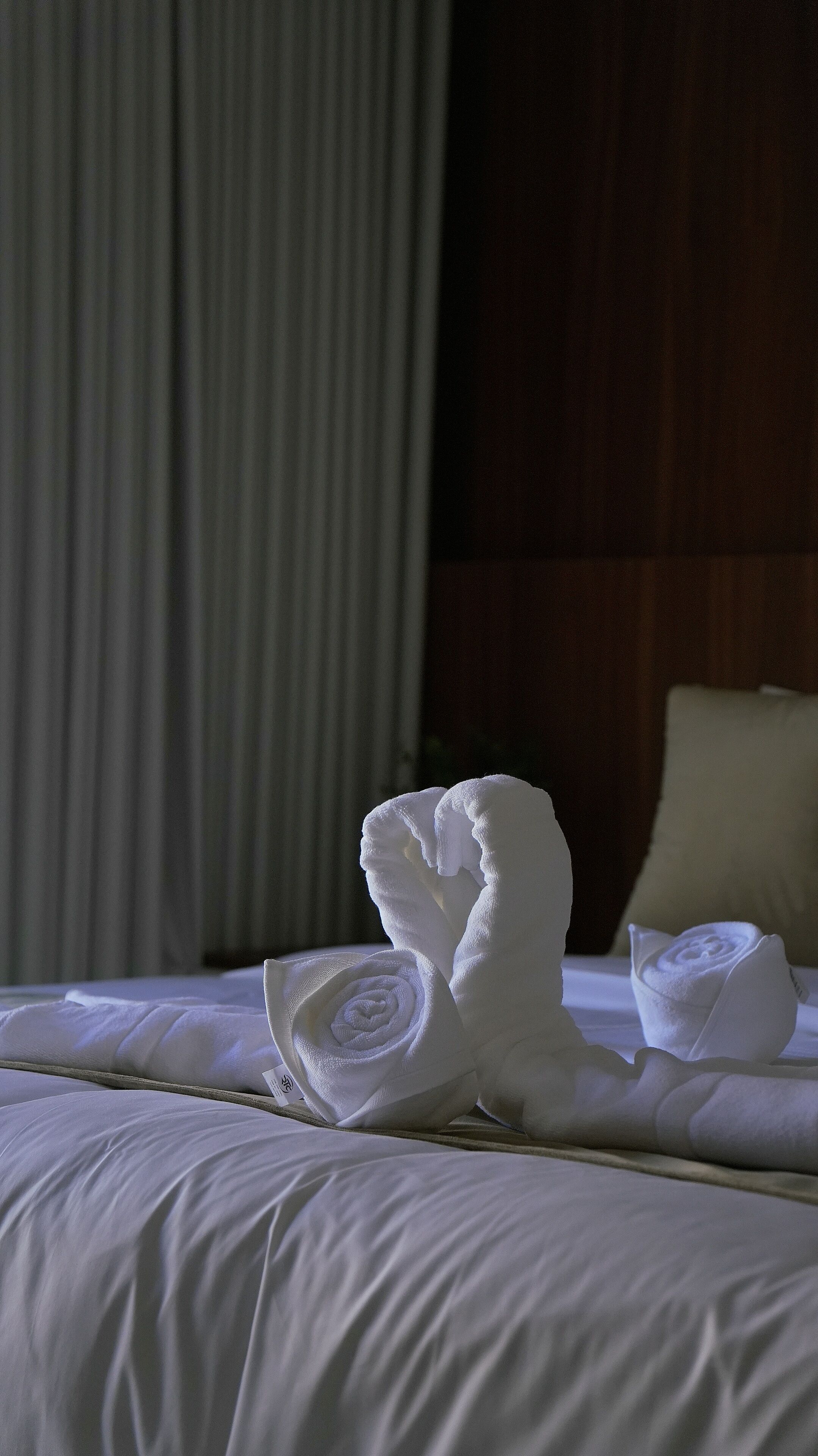 Una habitación de hotel con una cama bien hecha, una toalla enrollada y una almohada.
