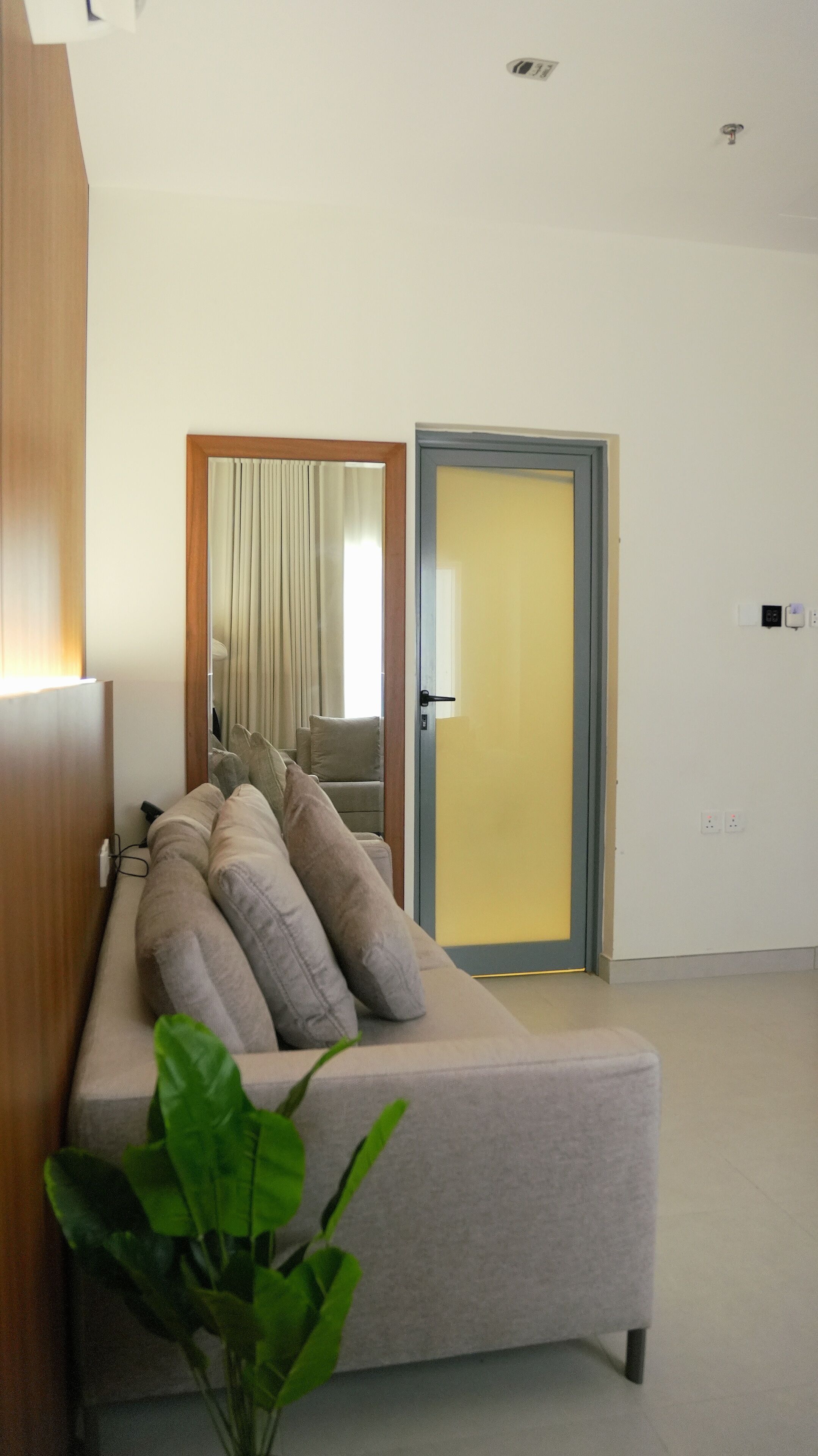 A modern living room with a sofa, a plant, and a door leading to another room.
