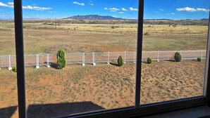 Blick aus dem Fenster auf einen von Zäunen umgebenen Außenbereich bei blauem Himmel.