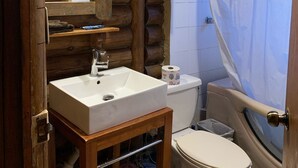 Une petite salle de bain avec un meuble-lavabo en bois, un évier, des toilettes et un rideau de douche.