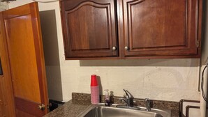 A kitchen with wooden cabinets, a granite countertop, a stainless steel sink, and a red and white striped cup. - Cozy 1-bedroom 1st floor in beautiful Pittsburgh with AC (Pittsburgh)