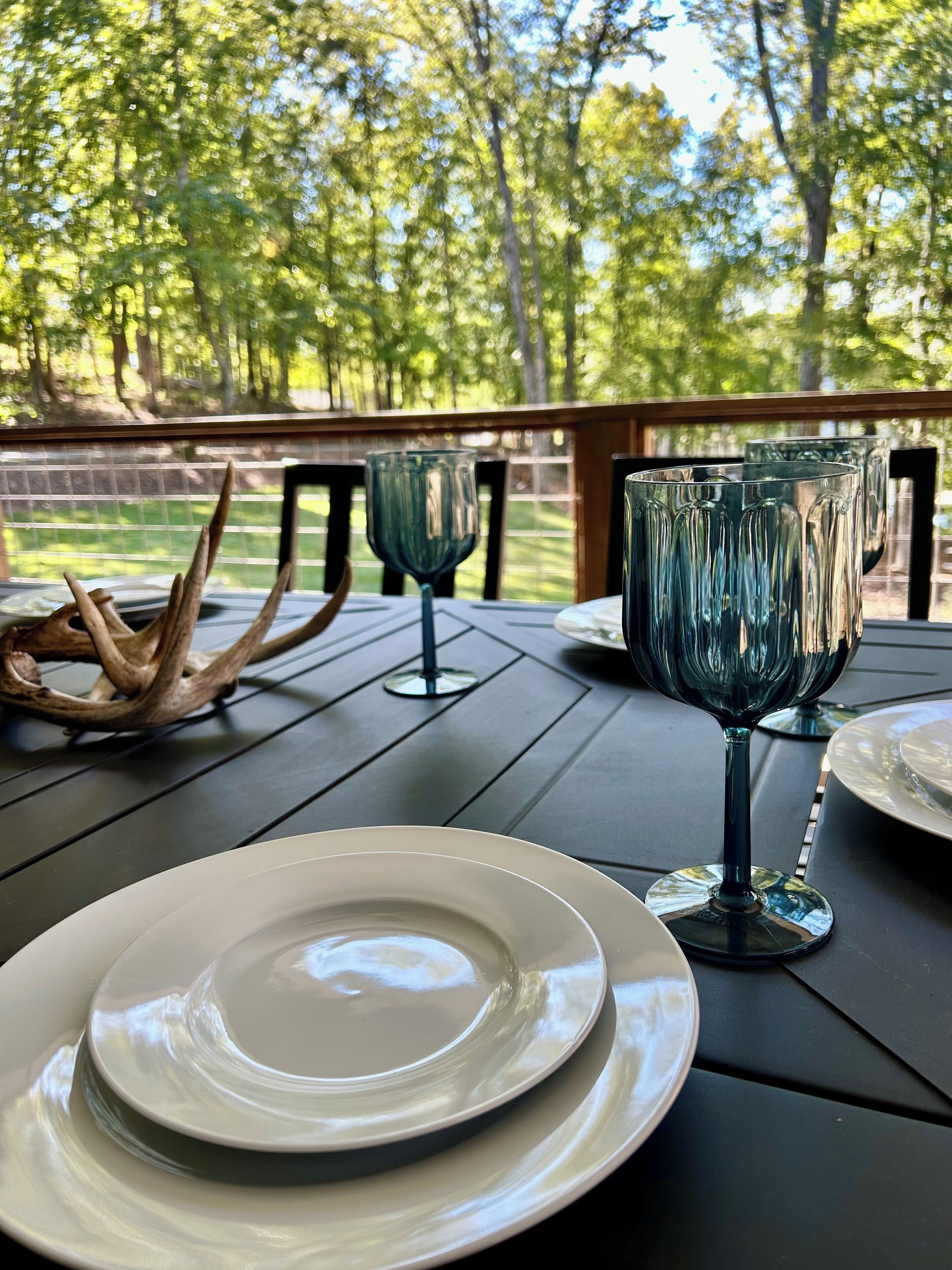A dining table with plates and wine glasses, set outdoors with a view of trees.