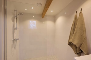 Een douche, een haardroger, handdoeken, toiletpapier