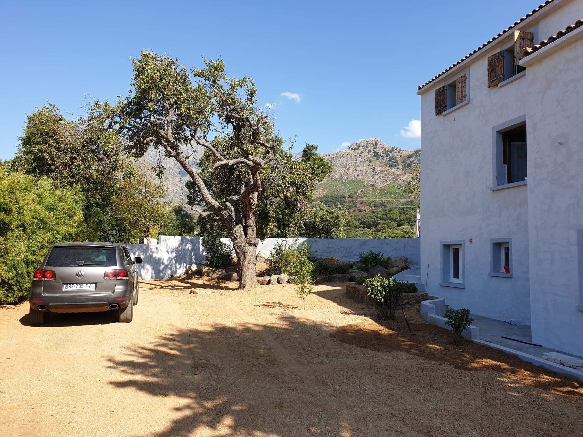 A car parked in a driveway with a tree and a white building in the background.