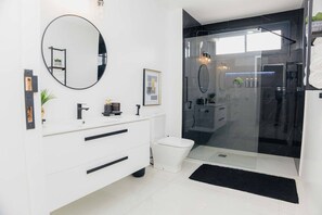 Shower, hair dryer, bidet, towels