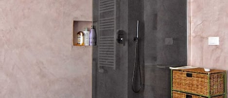 Shower, hair dryer, bidet, towels