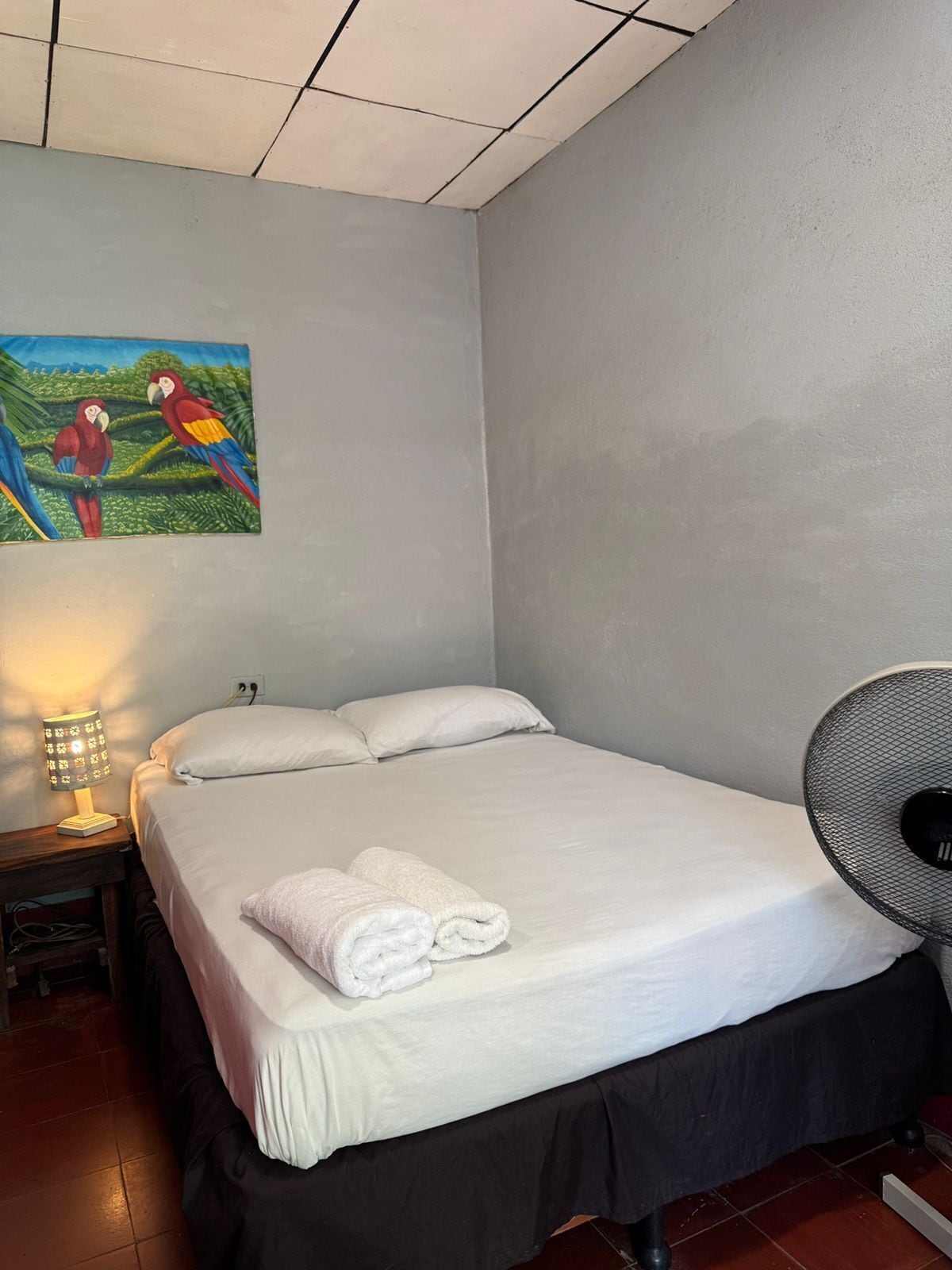 Uma cama de solteiro com roupa de cama branca, um abajur, um ventilador e um quadro de papagaios na parede.