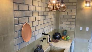 Mini-fridge, cookware/dishes/utensils