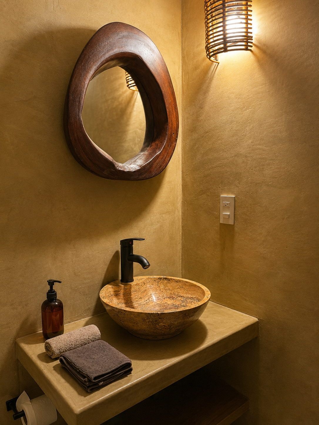A bathroom with a round wooden mirror, a black faucet, a stone sink, a soap dispenser, and a towel.