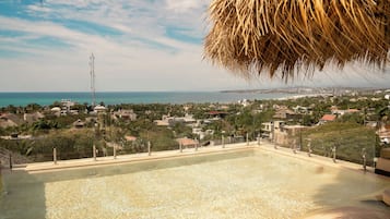 Outdoor pool, pool umbrellas, sun loungers