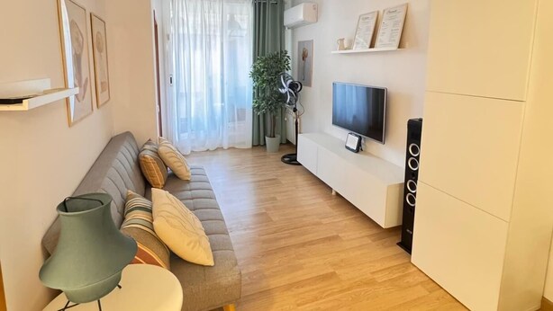 Ein modernes Wohnzimmer mit einer Couch, einem Fernseher und einer Pflanze.