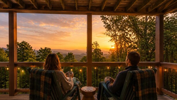 Two people seated on a wooden deck with a view of a sunset over a mountainous landscape.