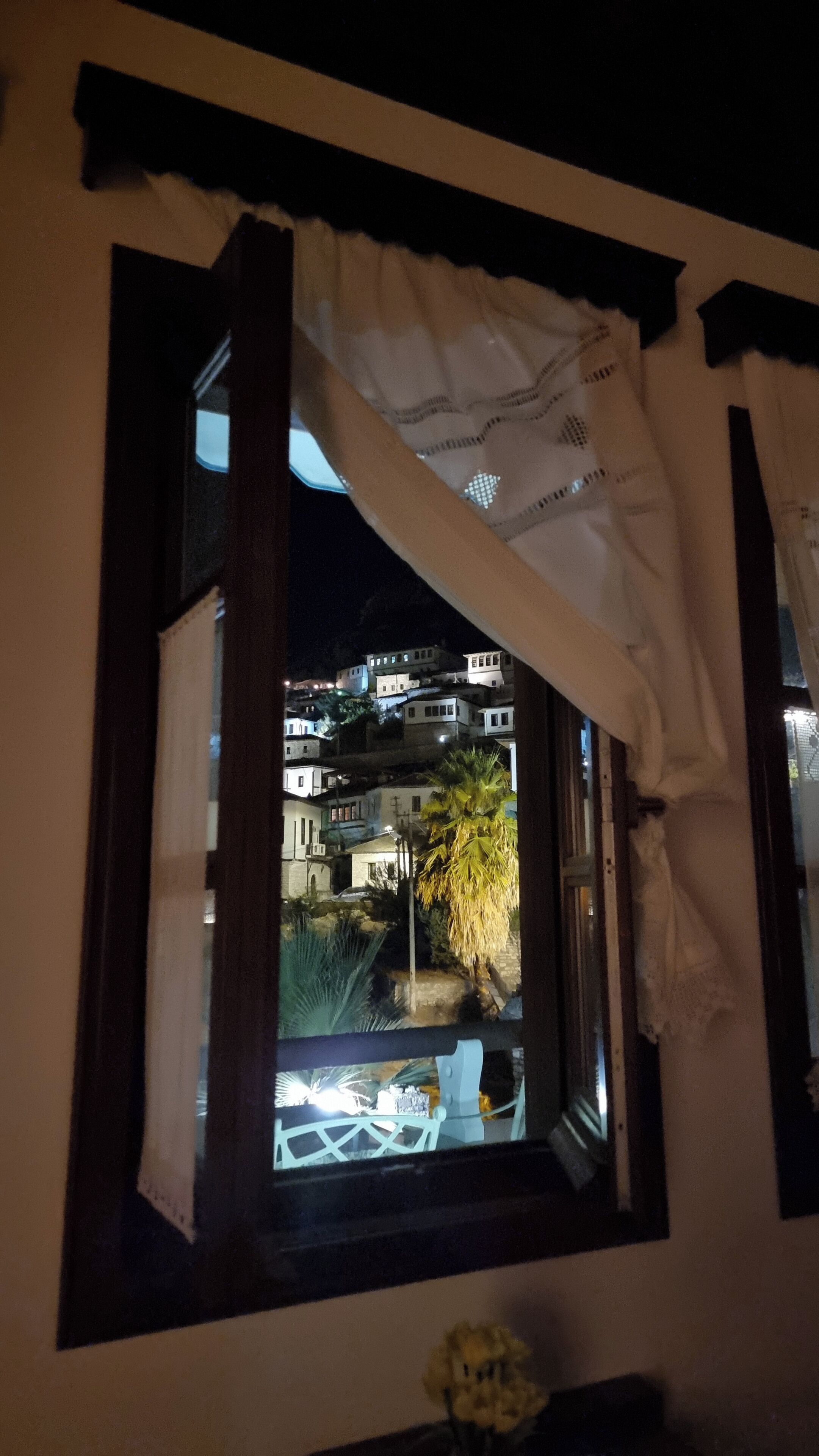 Una ventana con vistas a una colina con edificios y una palmera.