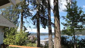 Un quartier résidentiel bordé de grands arbres, doté d’une terrasse en bois et offrant une vue sur un lac et des montagnes.