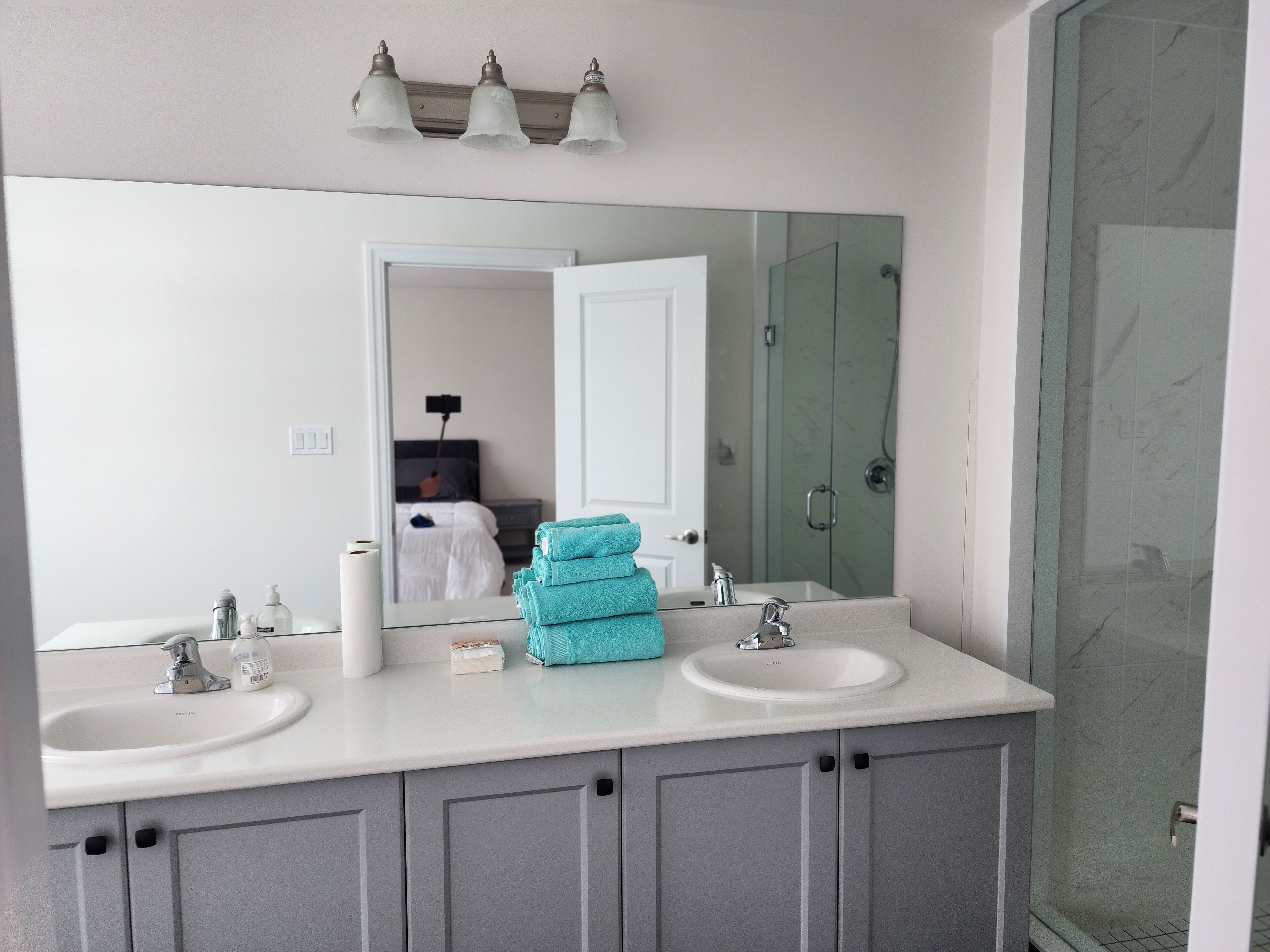 Hair dryer, towels, soap, toilet paper