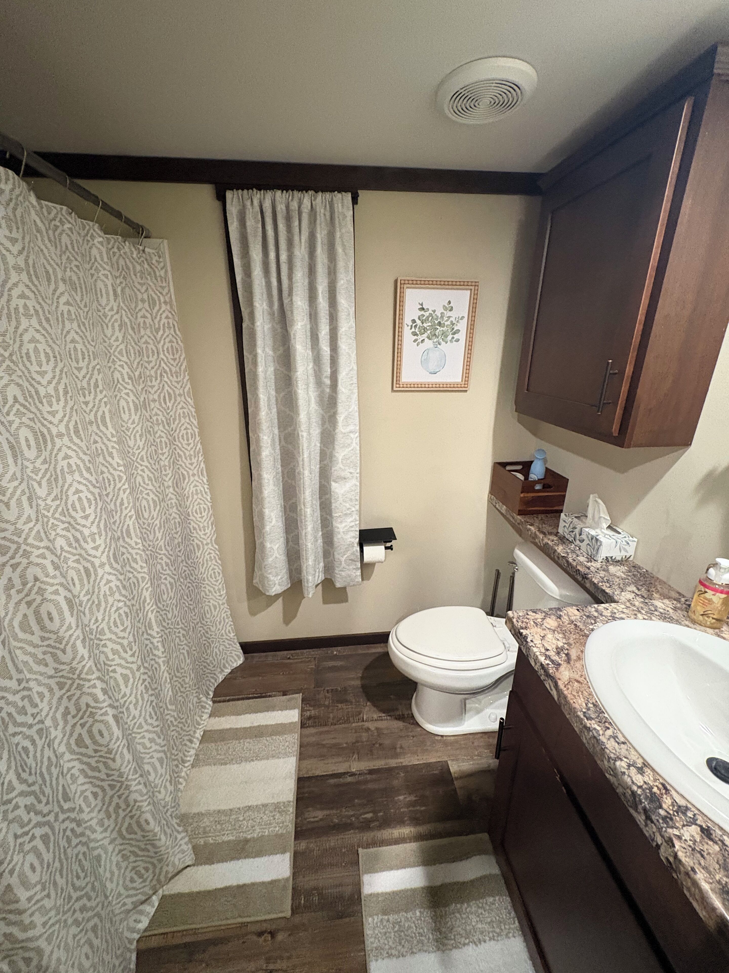A compact bathroom with a shower curtain, toilet, sink, and a framed picture on the wall.
