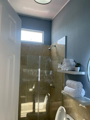 Shower, soap, toilet paper