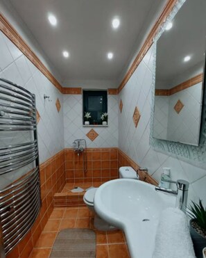 Dusche, Haartrockner, Handtücher, Seife