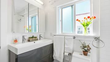 Hair dryer, towels, soap, toilet paper