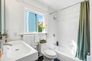 Hair dryer, towels, soap, toilet paper