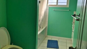 Une salle de bain avec des murs verts, des toilettes blanches, un tapis bleu et une fenêtre.