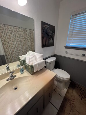 Regadera, toallas, jabón, papel de baño 
