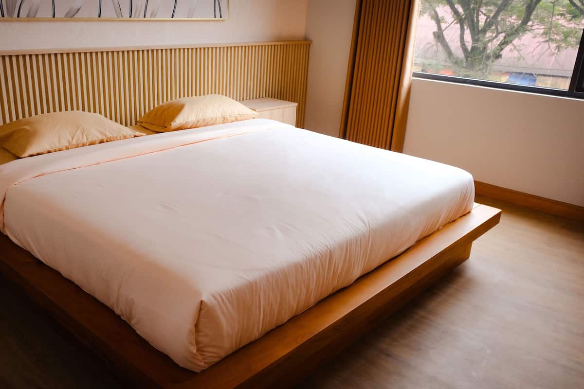 Une chambre moderne avec une tête de lit en bois, un grand lit avec une literie blanche et une vue sur les arbres par la fenêtre.