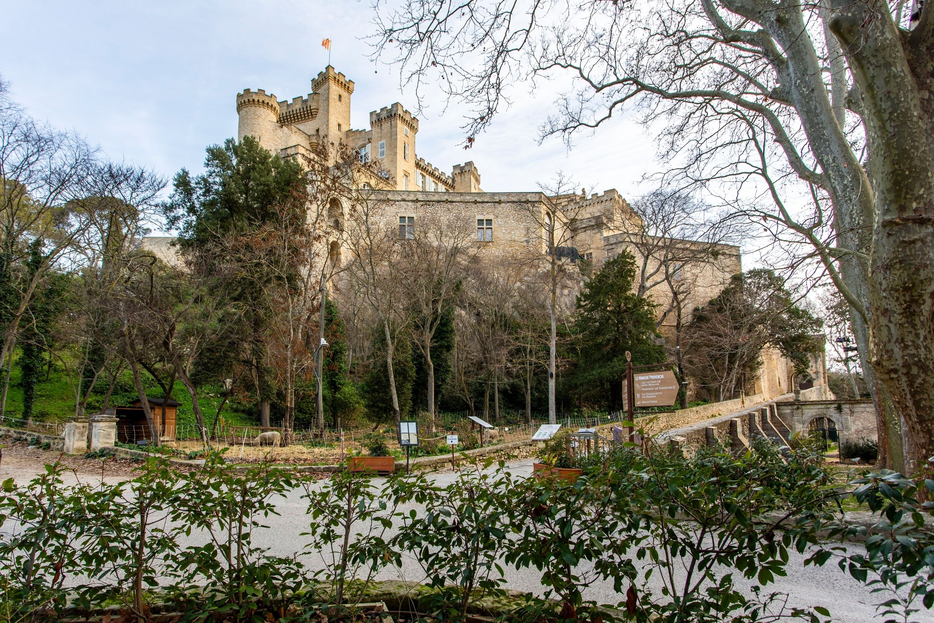Un castello storico con un'alta torre, circondato da alberi e un vialetto ghiaioso.
