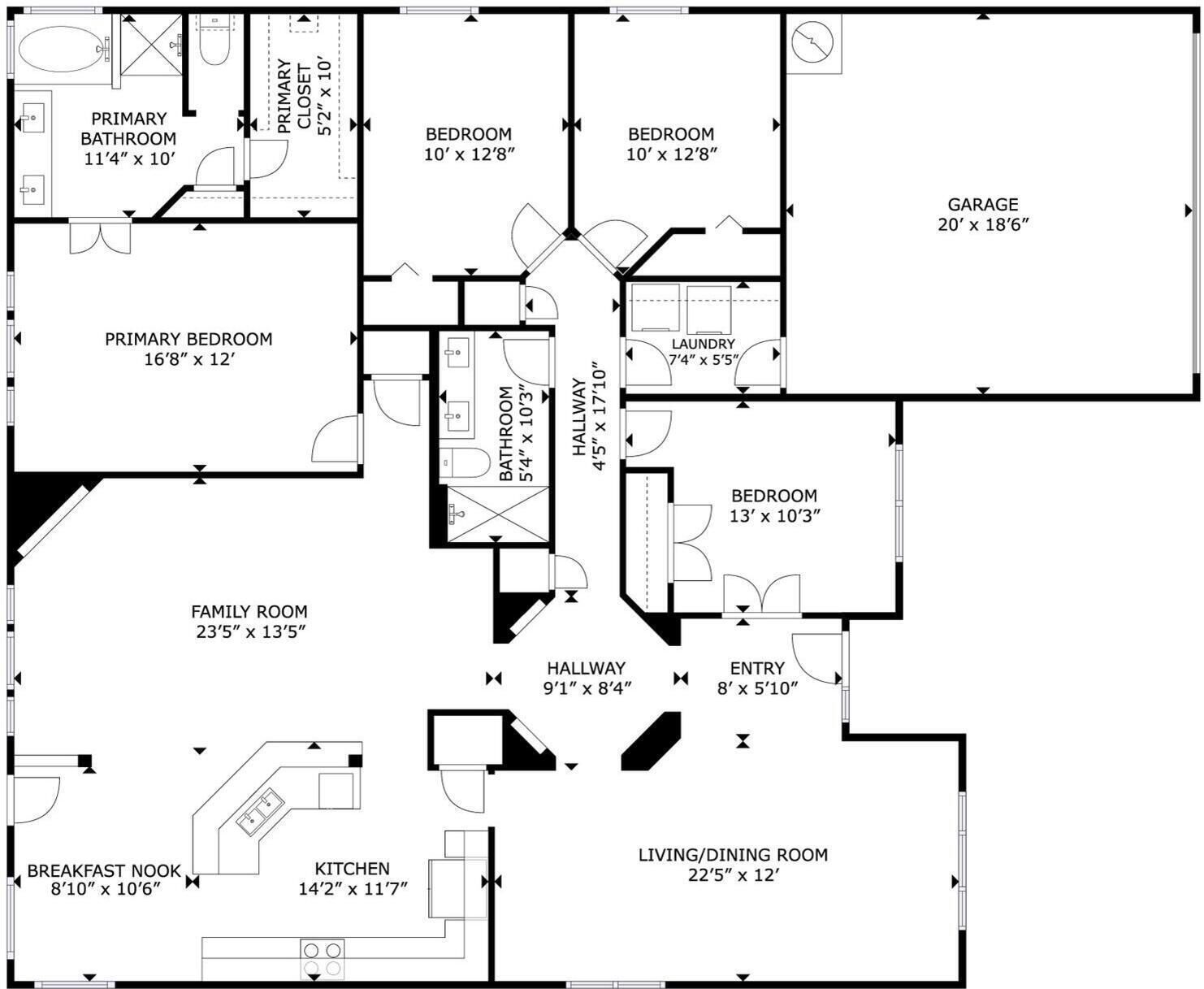 Un plan d’étage d’une maison comprenant un salon familial, une cuisine, une salle à manger, deux chambres, une salle de bain, un garage et une buanderie.