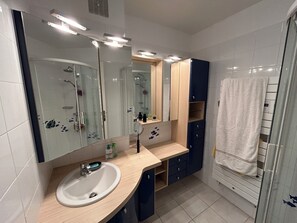 Regadera, secadora de cabello, jabón, papel de baño 