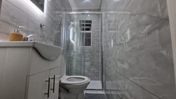 Ducha, secador de pelo, toallas y papel higiénico