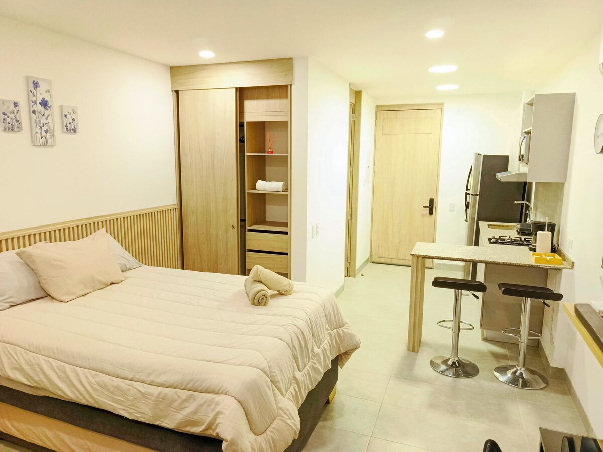 A bedroom with a bed, a closet, a kitchenette, and a bathroom.