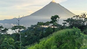 Una montaña con cielo despejado y abundante vegetación en primer plano.