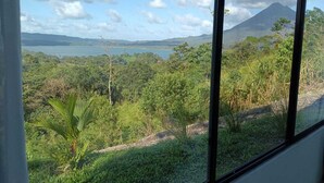 Vista a través de una ventana que muestra un paisaje exuberante con una montaña al fondo.