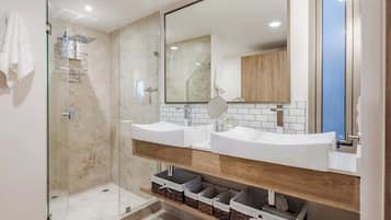 Shower, hair dryer, shampoo