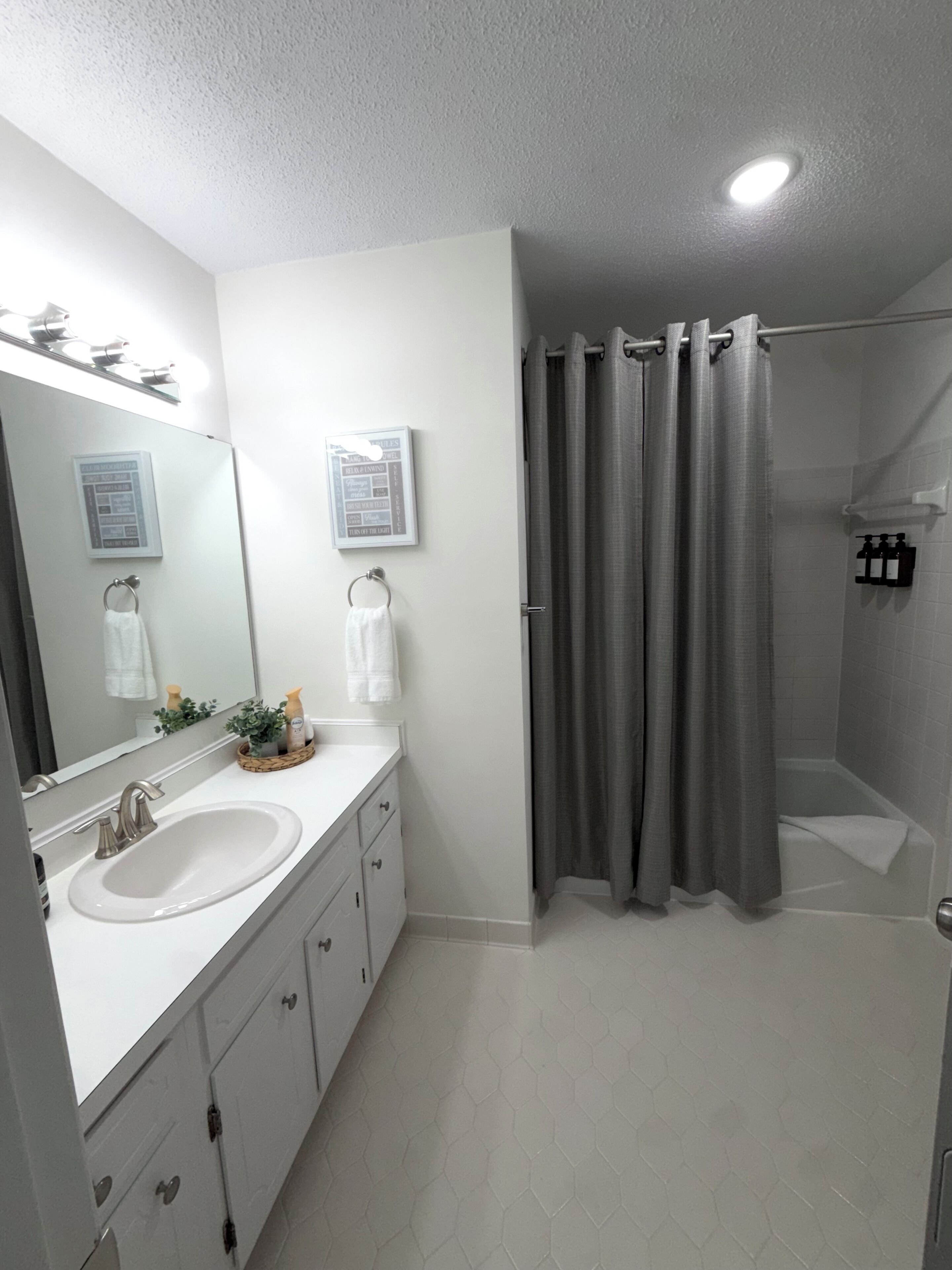 Hair dryer, towels, soap, shampoo