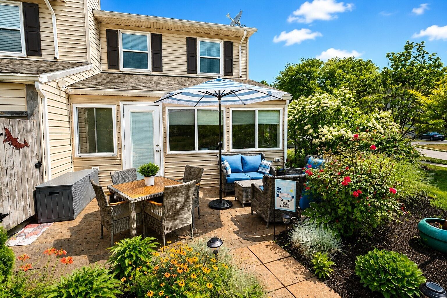 Eine Terrasse mit Gartenmöbeln, einer überdachten Sitzgelegenheit und verschiedenen Pflanzen und Blumen.