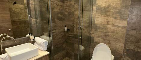 Un baño moderno con ducha de vidrio, lavamanos blanco y un inodoro.
