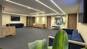 Espaço moderno e interno com televisão de tela plana na parede, área de recepção com balcão e assentos, e uma planta grande em primeiro plano.