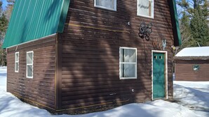A wooden cabin with a green roof, a green door, and two windows.