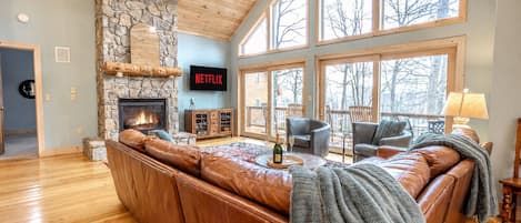 Smart TV, fireplace, books, stereo