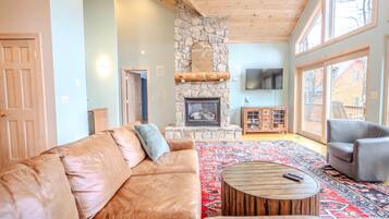Smart TV, fireplace, books, stereo