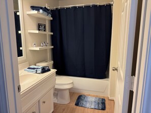 Hair dryer, towels, soap, toilet paper