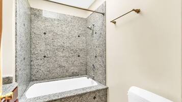 Hair dryer, towels, soap, toilet paper