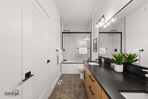 Un baño moderno con una encimera negra, un espejo y una planta en maceta.