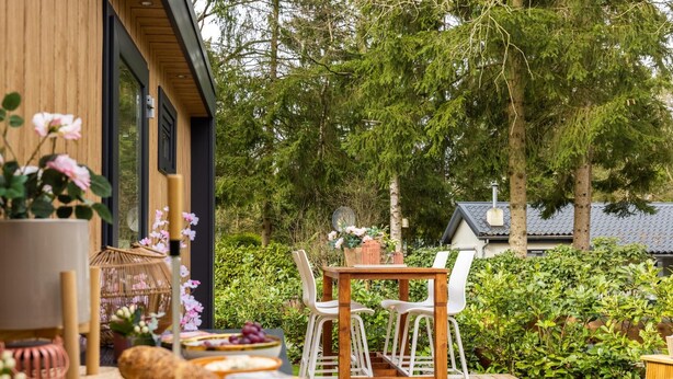 An outdoor dining area with a wooden table and chairs, surrounded by lush greenery and a view of trees. - Luxury forest stay with covered terrace and BBQ (Hattemerbroek)