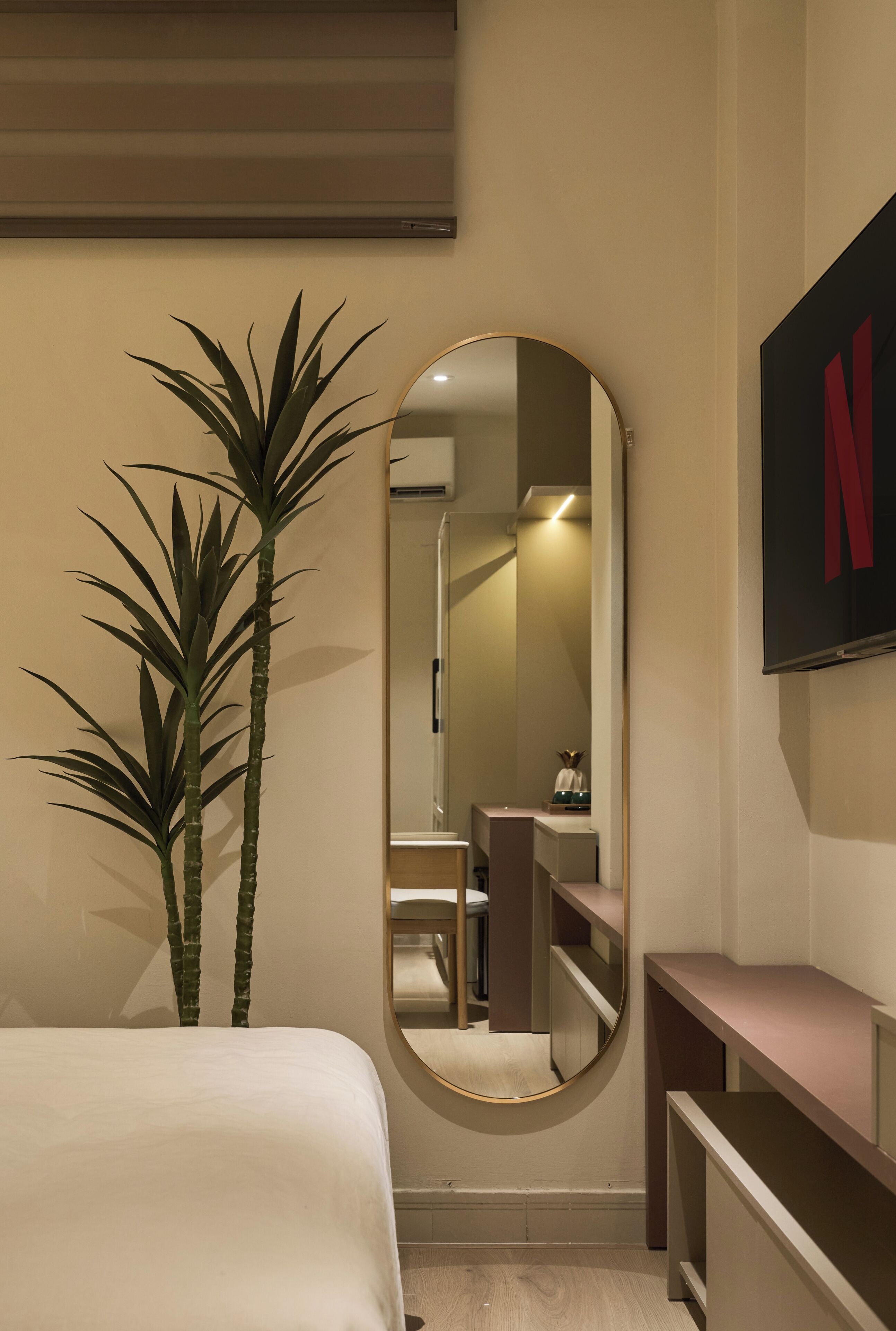A hotel room with a bed, a large mirror, a potted plant, a TV, and a shelf.