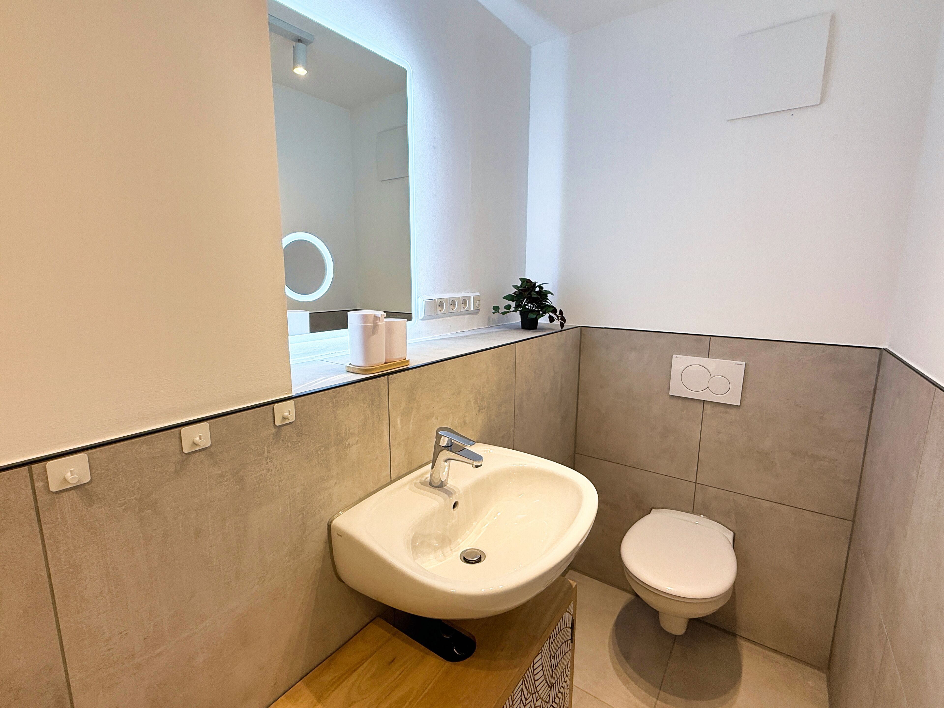 Hair dryer, towels, soap, toilet paper