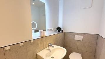 Hair dryer, towels, soap, toilet paper