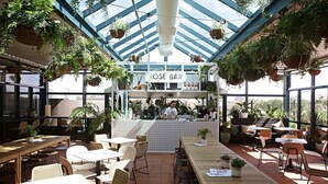 Un café doté d’un plafond en verre, de tables, de chaises et de plantes suspendues.